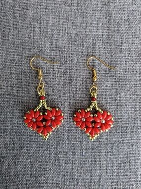 Gold-Tone Red Floral Drop Earrings with Bead Accents